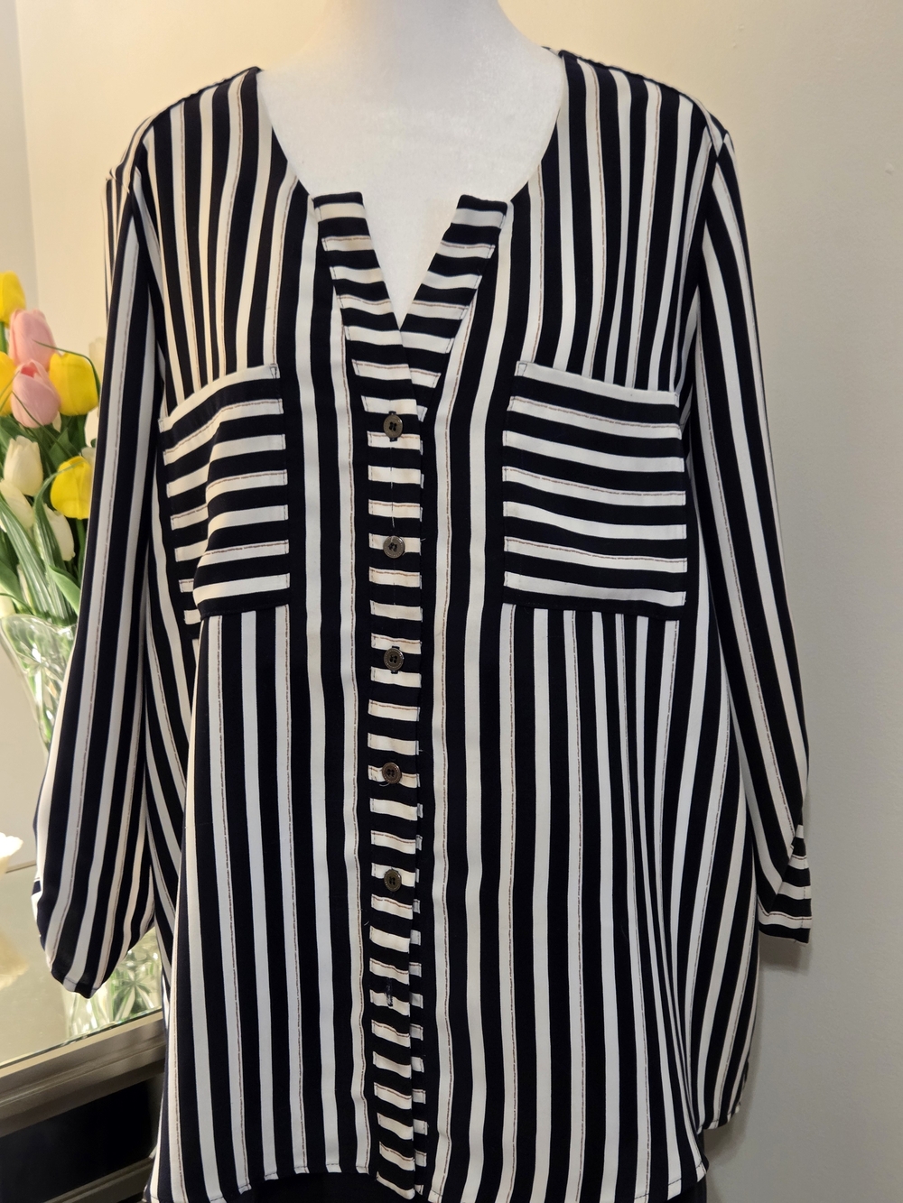 Joseph Ribkoff Black and White Vertical Stripe Button Front Blouse